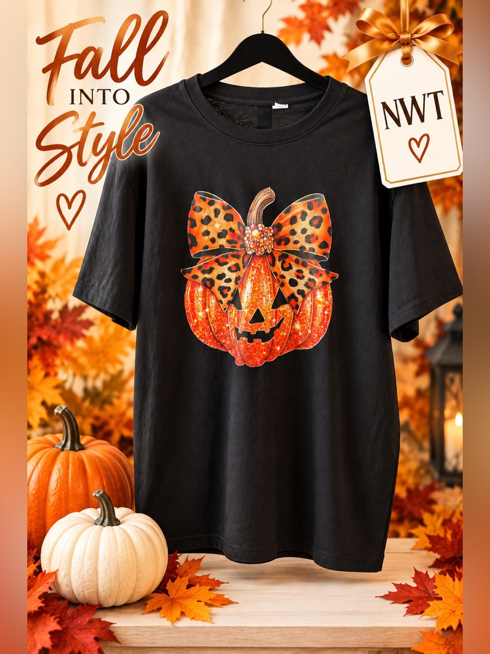 Fall Pumpkin New Graphic Tee with Leopard Bow - Size XL